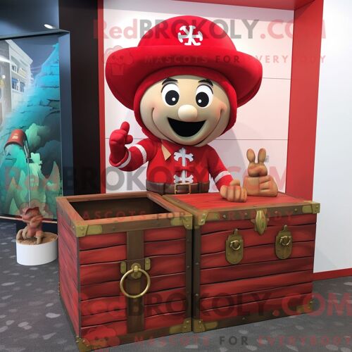 Costume De Mascotte Redbrokoly De Coffre Au Trésor Rouge Habillé D Une Combishort Et De Bandeaux