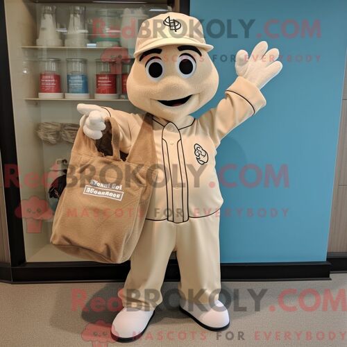 Personnage De Costume De Mascotte Redbrokoly De Gant De Baseball Beige Habillé Avec Une Chemise Henley Et Des Sacs Fourre-Tout