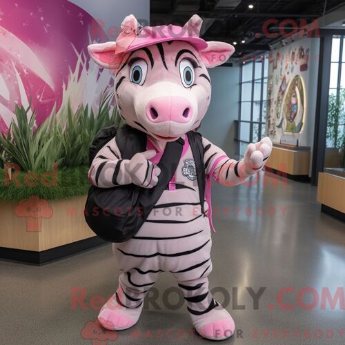 Costume De Mascotte Redbrokoly De Zèbre Rose Habillé Avec Un T-Shirt De Baseball Et Des Sacs À Dos