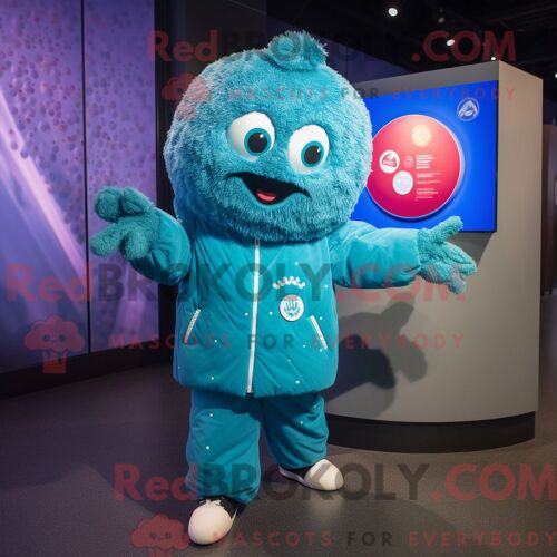 Costume Mascotte Redbrokoly De Framboise Cyan Personnage Habillé Avec Un Coupe-Vent Et Des Broches
