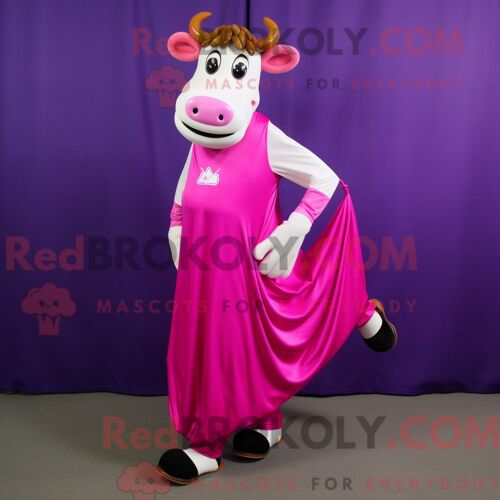 Costume De Mascotte Redbrokoly De Vache En Jersey Magenta Personnage Habillé D Une Robe De Soirée Et De Lacets De Chaussures