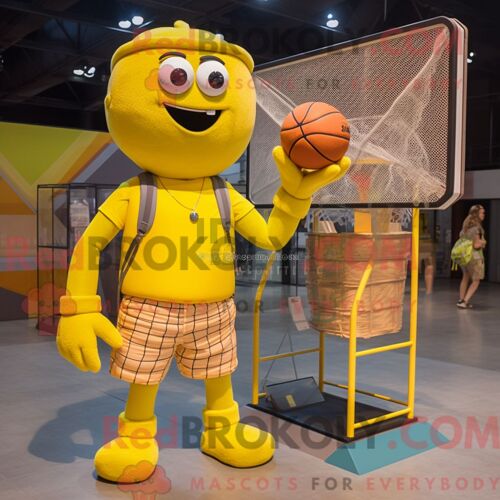 Personnage De Costume De Mascotte Redbrokoly De Filet De Volley-Ball Jaune Habillé D Un Short Cargo Et De Porte-Documents
