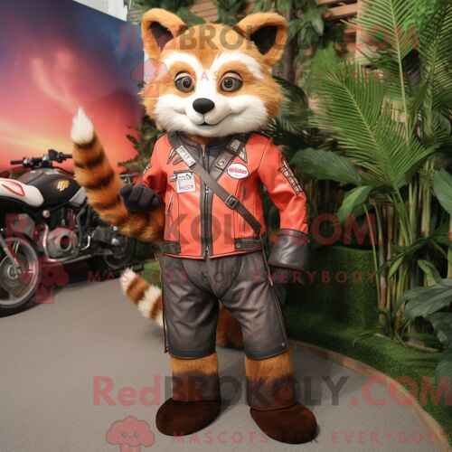 Costume De Mascotte Redbrokoly De Panda Roux Beige Habillé D Une Veste De Moto Et De Coussinets De Pieds