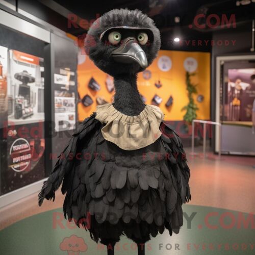Costume Mascotte Redbrokoly D Émeu Noir Personnage Habillé Avec Une Mini Jupe Et Des Écharpes