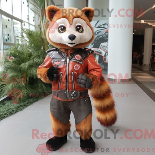 Costume De Mascotte Redbrokoly De Panda Roux Beige Habillé D Une Veste De Moto Et De Coussinets De Pieds