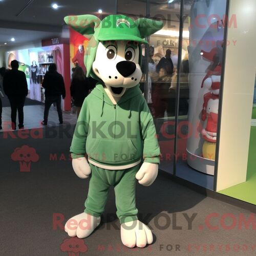 Costume De Mascotte Redbrokoly De Chien Vert Habillé Avec Un Sweat-Shirt Et Des Chapeaux