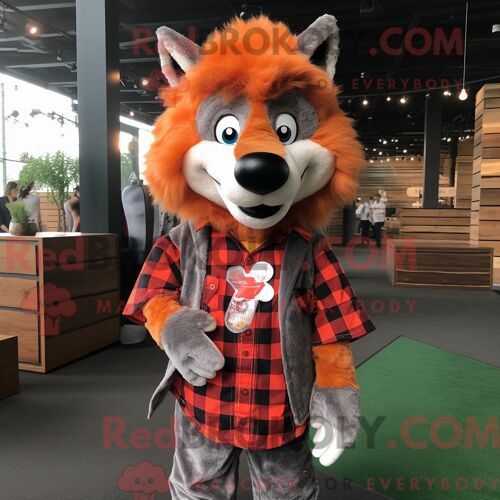 Costume De Mascotte Redbrokoly Orange Say Wolf Personnage Habillé Avec Une Chemise En Flanelle Et Des Boucles D Oreilles