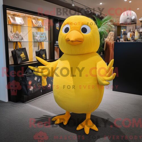 Personnage De Costume De Mascotte Redbrokoly De Merle Jaune Habillé D Une Combishort Et De Sacs Fourre-Tout