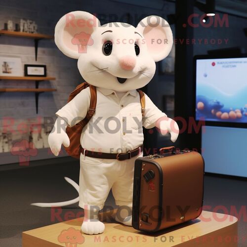 Costume Mascotte Redbrokoly De Souris Crème Personnage Habillé Avec Un Débardeur Et Des Porte-Documents