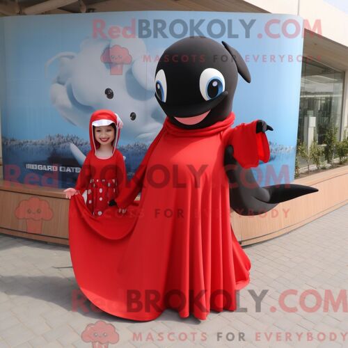 Costume De Mascotte Redbrokoly D Épaulard Rouge Personnage Habillé D Une Robe Longue Et De Clips Pour Écharpe