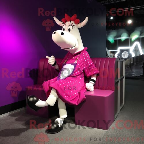 Costume De Mascotte Redbrokoly De Vache En Jersey Magenta Personnage Habillé D Une Robe De Soirée Et De Lacets De Chaussures