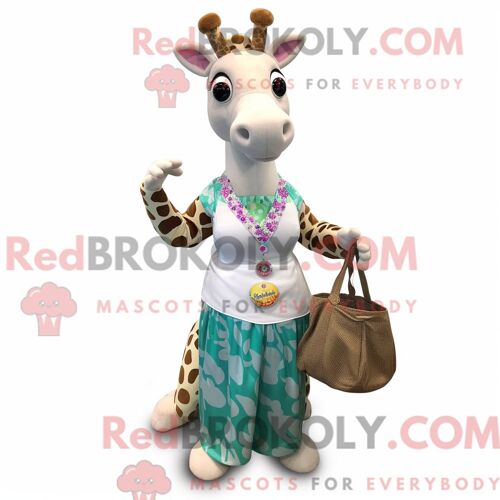 Mascotte Redbrokoly De Girafe Blanche Personnage Habillé Avec Une Jupe Longue Et Un Porte-Monnaie