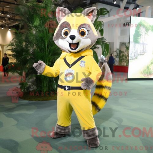 Costume De Mascotte Redbrokoly De Raton Laveur Jaune Citron Habillé D Un Pantalon Habillé Et De Porte-Clés