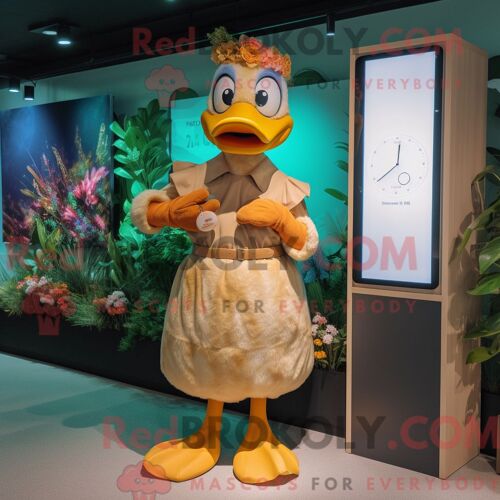 Costume De Mascotte Redbrokoly De Canard Beige Habillé D Une Robe Longue Et De Montres Intelligentes