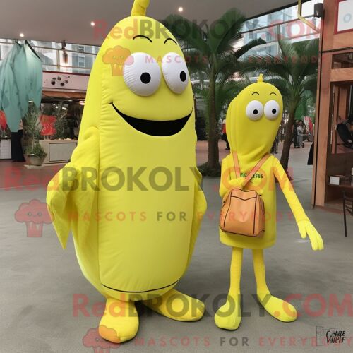 Costume De Mascotte Redbrokoly De Scampi De Crevettes Jaune Citron Habillé D Une Robe Fourreau Et De Sacs Messager