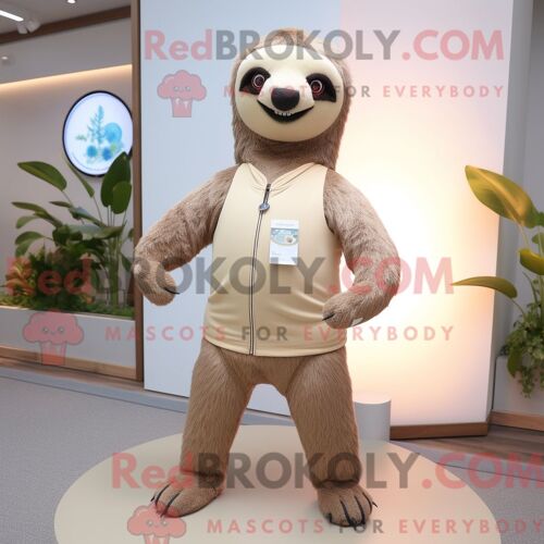 Costume Mascotte Redbrokoly De Paresseux Beige Habillé D Un Pantalon De Yoga Et De Broches
