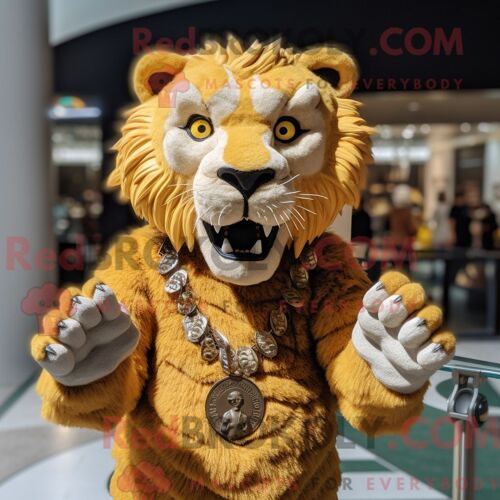 Costume Mascotte Redbrokoly De Tigre À Dents De Sabre Doré Personnage Habillé Avec Un Cardigan Et Des Colliers