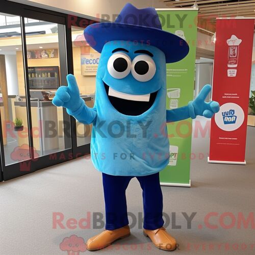 Costume De Mascotte Redbrokoly De Tacos Bleus Personnage Habillé D Une Chemise Henley Et D Épingles À Chapeau