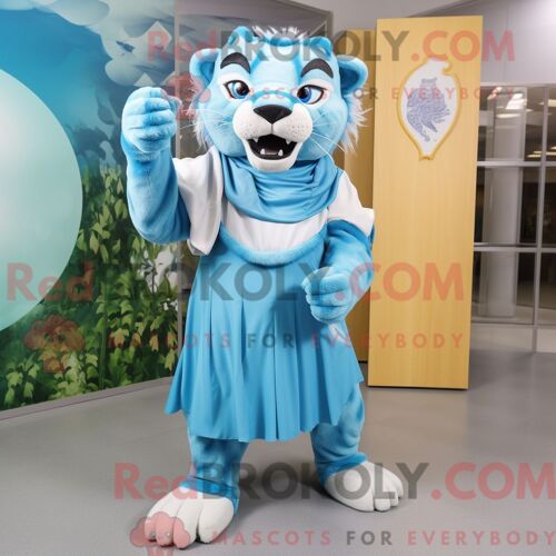 Costume De Mascotte Redbrokoly De Tigre À Dents De Sabre Bleu Ciel Habillé Avec Une Robe Trapèze Et Des Châles
