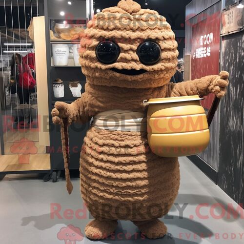 Costume Mascotte Redbrokoly De Ramen Marron Personnage Habillé Avec Un Col Roulé Et Des Sacs À Main