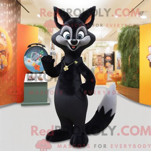 Costume Mascotte Redbrokoly De Renard Noir Personnage Habillé Avec Une Robe Fourreau Et Des Broches