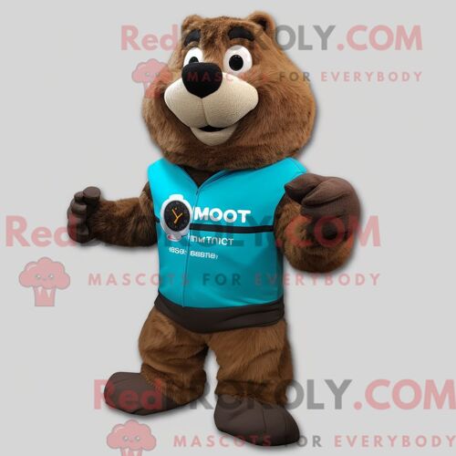 Costume Mascotte Redbrokoly De Marmotte Marron Habillé D Un Col Roulé Et De Montres Numériques