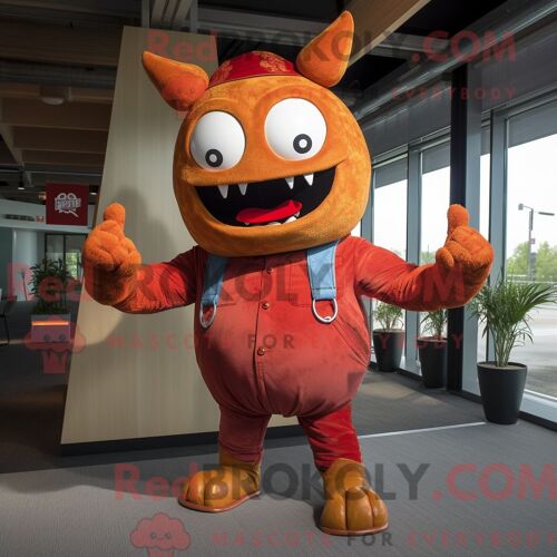 Personnage De Costume De Mascotte Redbrokoly De Rust Devil Habillé Avec Un Jean Évasé Et Des Cravates
