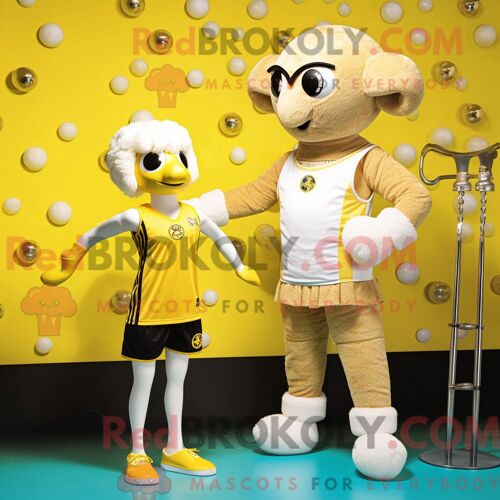 Costume Mascotte Redbrokoly De Bélier Doré Habillé D Un Maillot De Bain Une Pièce Et De Cravates