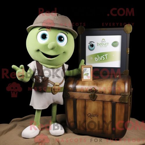 Costume De Mascotte Redbrokoly De Coffre Au Trésor D Olive Habillé D Un T-Shirt Henley Et De Montres Intelligentes