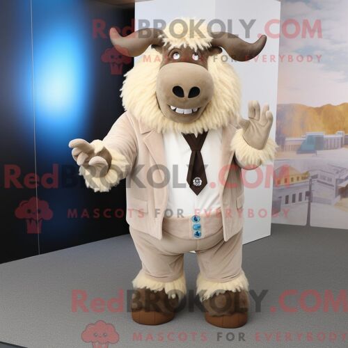 Mascotte Redbrokoly De Yak Beige Costume De Personnage Habillé D Un Blazer Et De Coussinets De Pieds