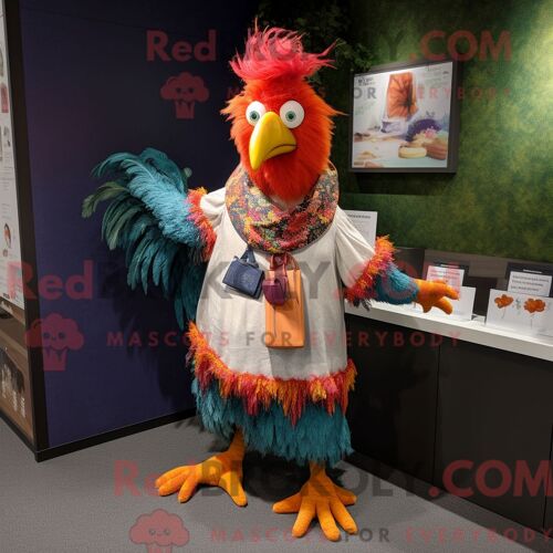Costume Mascotte Redbrokoly De Coqs Personnage Habillé Avec Une Jupe-Culotte Et Des Écharpes