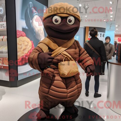 Costume Mascotte Redbrokoly De Ramen Marron Personnage Habillé Avec Un Col Roulé Et Des Sacs À Main