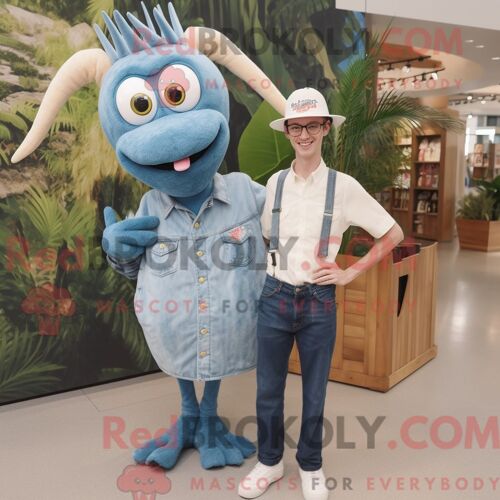 Personnage De Costume De Mascotte Redbrokoly De Scampi De Crevettes Blanches Habillé Avec Une Chemise En Jean Et Des Montres