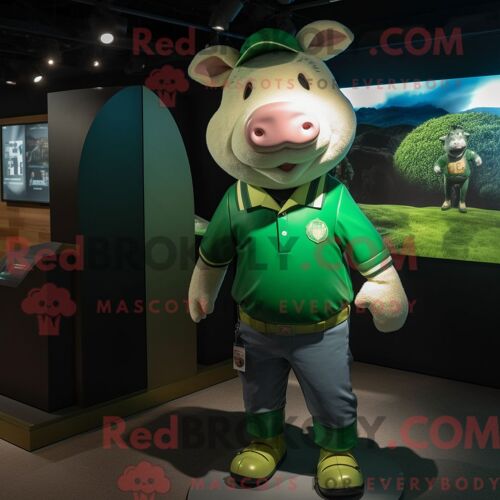 Costume De Mascotte Redbrokoly De Cochon Vert Forêt Habillé Avec Un Polo Et Des Montres