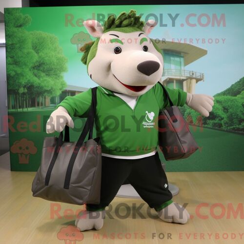 Mascotte Redbrokoly De Sanglier Vert Costume De Personnage Habillé D Un Pantalon De Jogging Et De Sacs Fourre-Tout