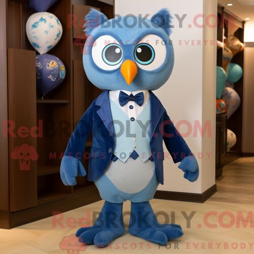 Costume De Mascotte Redbrokoly De Hibou Bleu Habillé D Un Costume Et De Noeuds Papillons