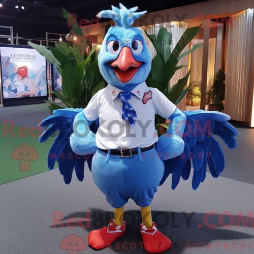 Costume De Mascotte Redbrokoly De Coqs Bleu Ciel Habillé D Un Polo Et De Noeuds Papillons