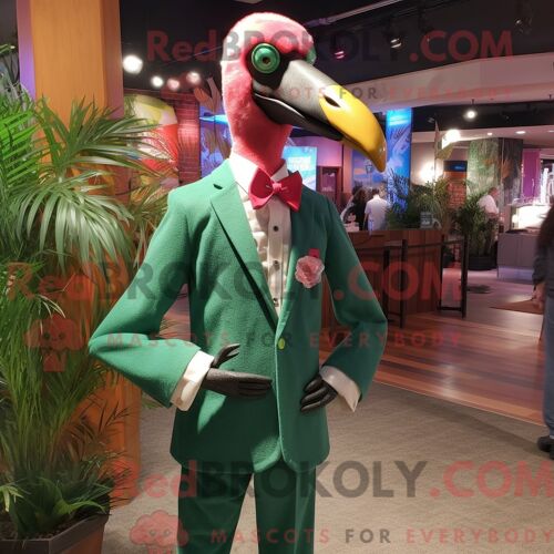 Costume De Mascotte Redbrokoly De Flamant Vert Forêt Habillé D Une Chemise Boutonnée Et D Épingles À Cravate