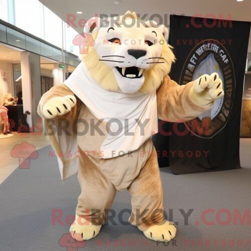 Costume Mascotte Redbrokoly De Tigre À Dents De Sabre Beige Personnage Habillé Avec Un Pantalon Et Des Épingles De Châle