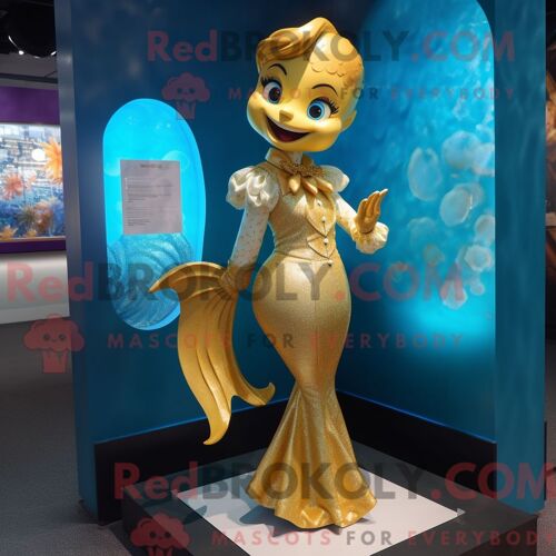 Personnage De Costume De Mascotte Redbrokoly De Sirène Dorée Habillé Avec Une Chemise Habillée Et Des Boutons De Manchette