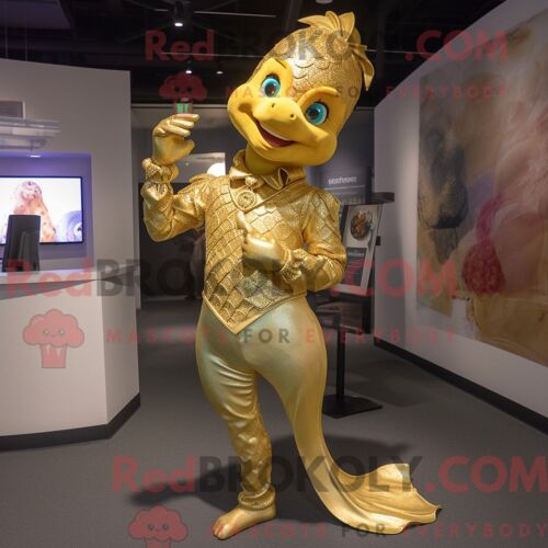 Personnage De Costume De Mascotte Redbrokoly De Sirène Dorée Habillé Avec Une Chemise Habillée Et Des Boutons De Manchette