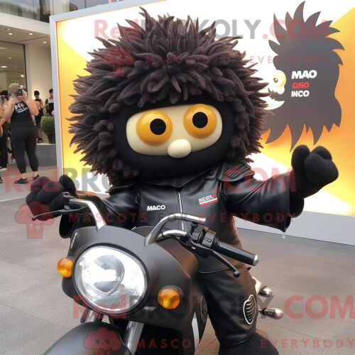 Costume Mascotte Redbrokoly De Mango Noir Personnage Habillé Avec Une Veste De Moto Et Des Épingles À Cheveux