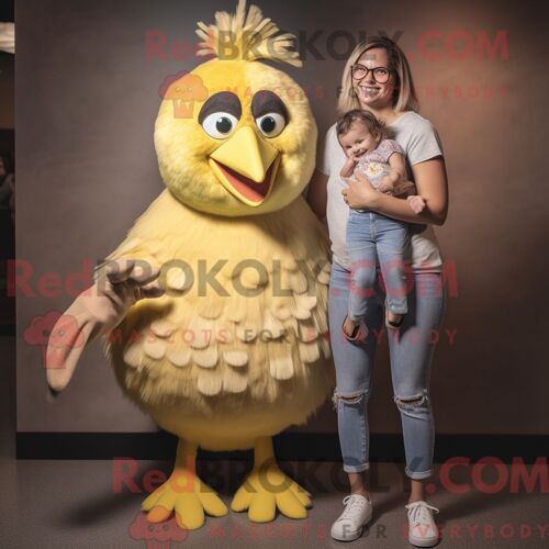 Costume De Mascotte Redbrokoly De Canary Beige Personnage Habillé D Un Jean Maman Et De Bandeaux