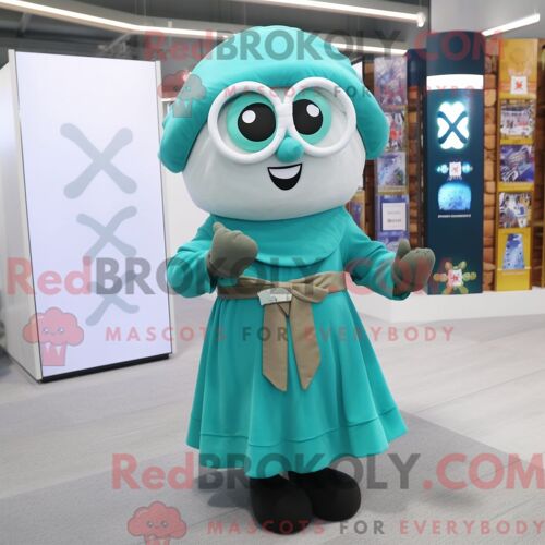 Personnage De Costume De Mascotte Redbrokoly De Croix Celtique Cyan Habillé Avec Une Jupe Portefeuille Et Des Lunettes