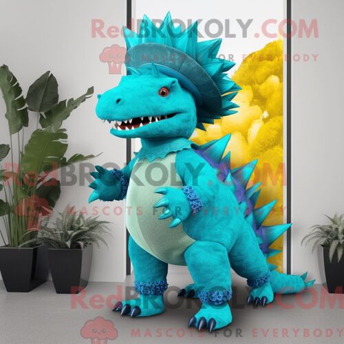 Costume De Mascotte Redbrokoly De Stégosaure Turquoise Personnage Habillé D Un Pantalon Capri Et D Épingles À Chapeau
