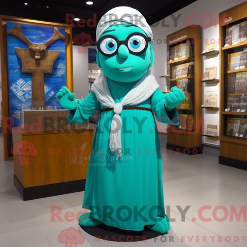 Personnage De Costume De Mascotte Redbrokoly De Croix Celtique Cyan Habillé Avec Une Jupe Portefeuille Et Des Lunettes