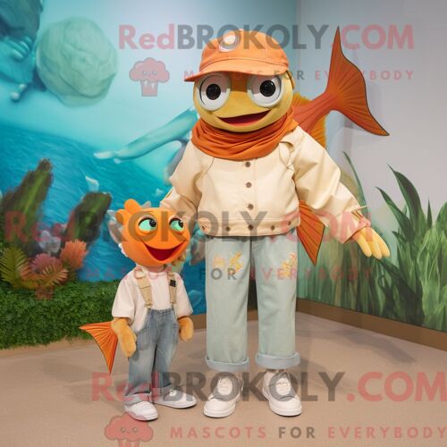 Costume De Mascotte Redbrokoly De Poisson Rouge Beige Habillé D Un Jean Maman Et De Sacs À Main