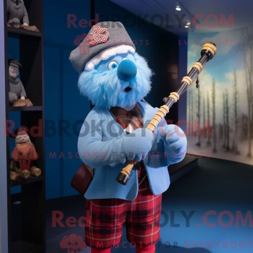 Costume Mascotte Redbrokoly De Cornemuse Bleu Ciel Habillé D Une Chemise En Flanelle Et De Bérets