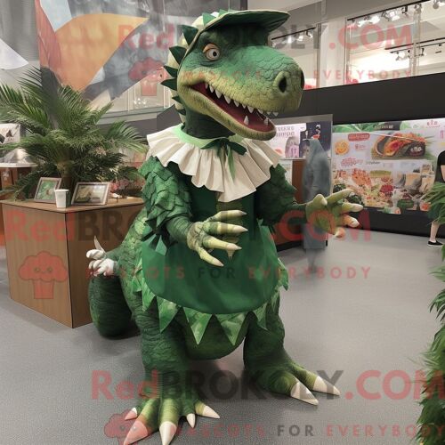 Costume De Mascotte Redbrokoly De Spinosaurus Vert Forêt Personnage Habillé Avec Une Jupe Portefeuille Et Des Broches