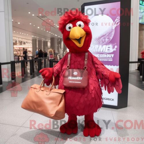 Personnage De Costume De Mascotte Redbrokoly De Poulet Parmesan Magenta Habillé Avec Une Robe Taille Empire Et Des Sacs Messager